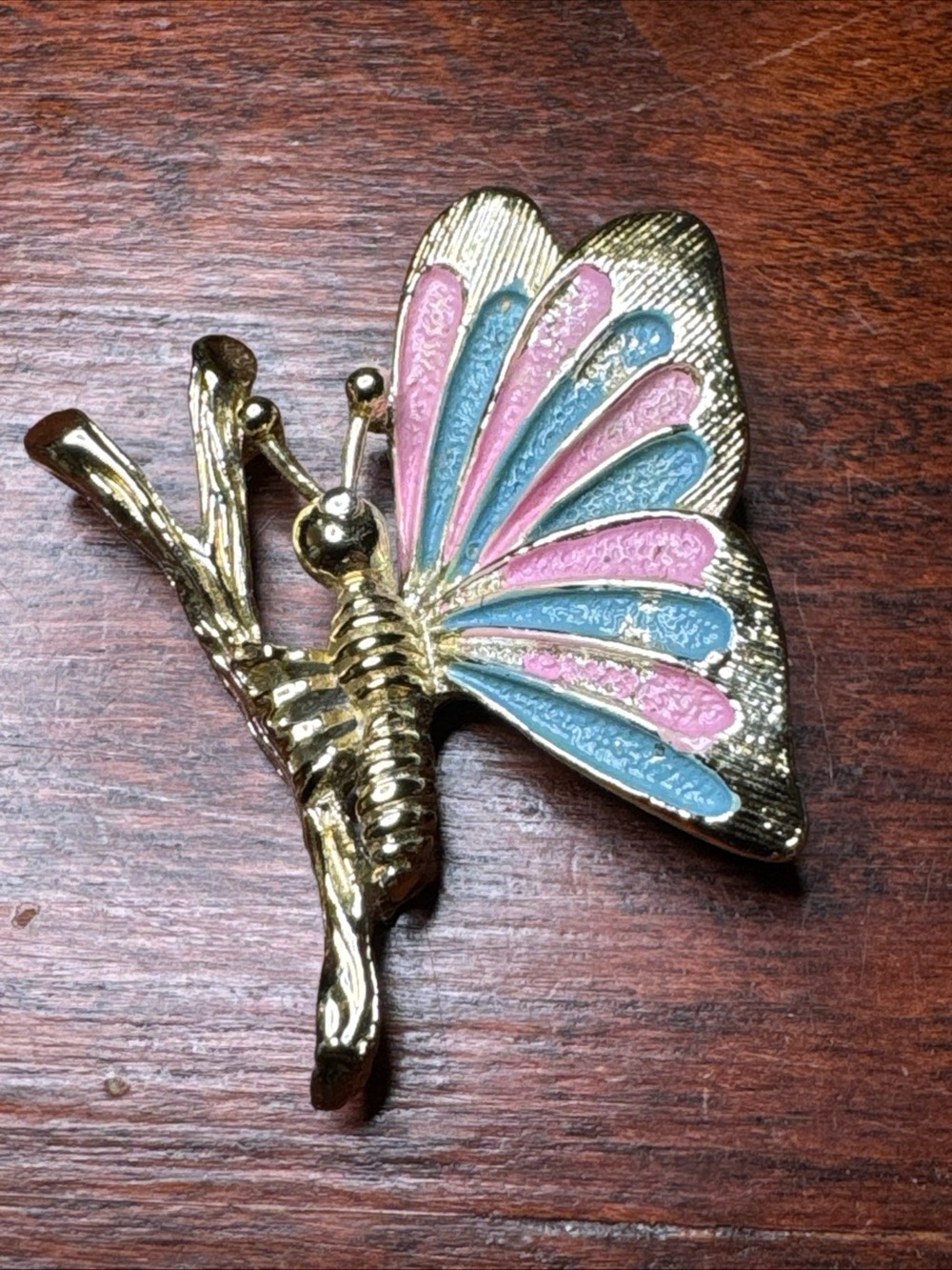 Gold Butterfly Brooch with Pink and Blue Enamel Accents signed Gerry’S